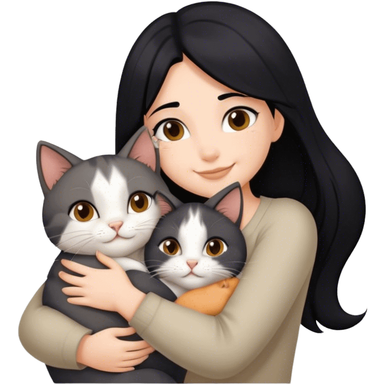 happy girl with black hair hugging three cats  (carey cat, gray cat, brown calico cat) emoji