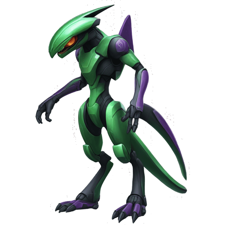 a black-green Genesect-Raptor-Fakémon—hybrid with a futuristic visor-helmet full body emoji