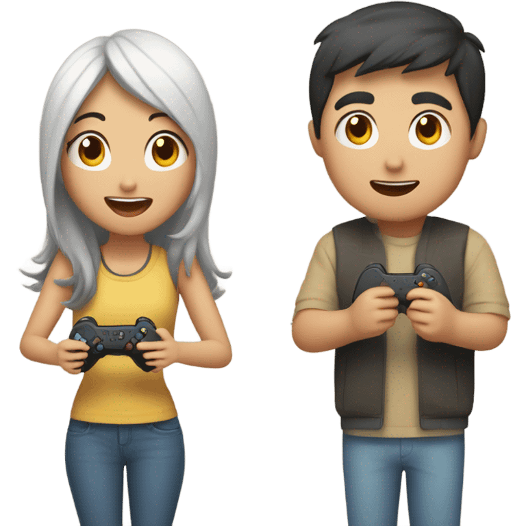 Cute asian couple excitedly playing video games emoji