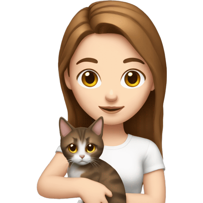 A white girl with brown hair and holding a cat emoji