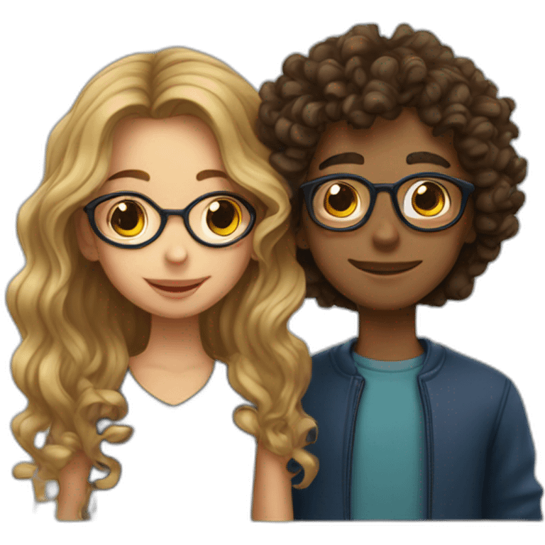 a girl with long wavy hair kissing a boy with glasses and curly hair emoji