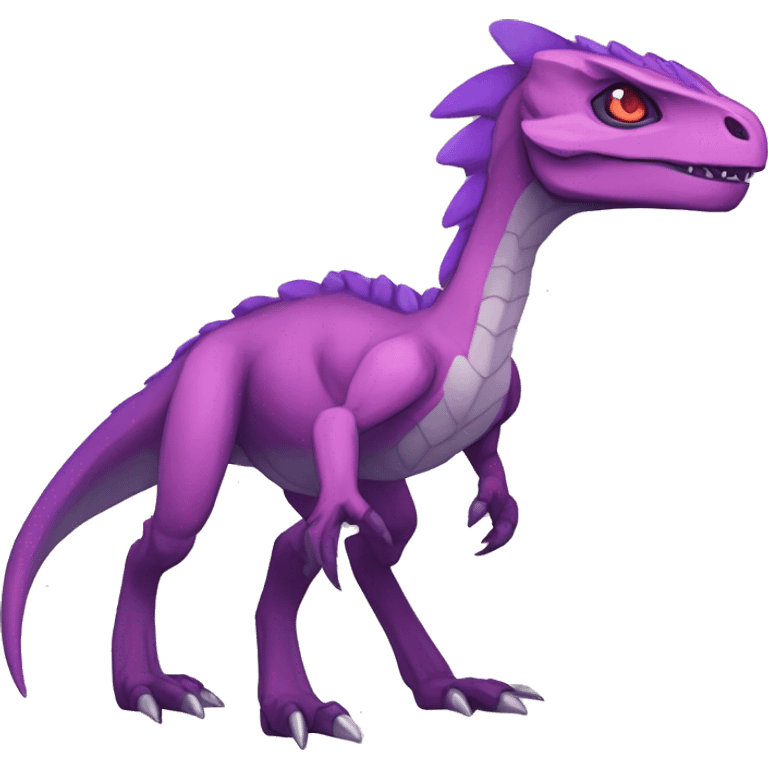 Chibi-Anthro Mauve-maroon-red-colored edgy anthro-genesect-velociraptor-scalie-sona-Fakémon-hybrid with a purple-pink mane on head and back and horns full body emoji