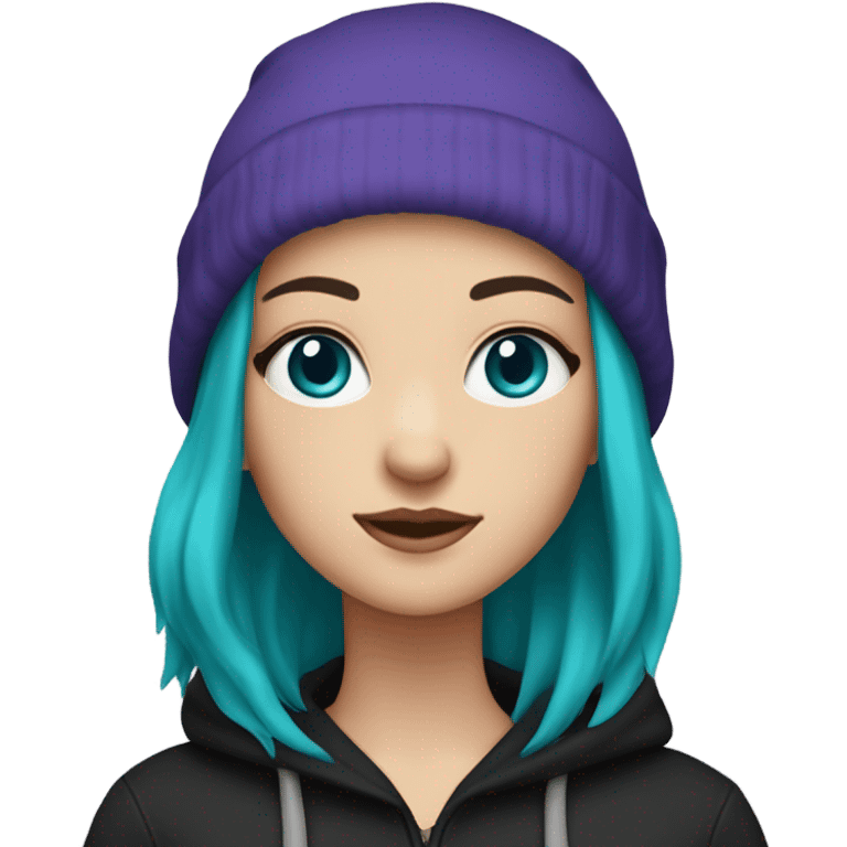 White girl, blue eyes, long teal hair, purple beanie hat, black hoodie emoji