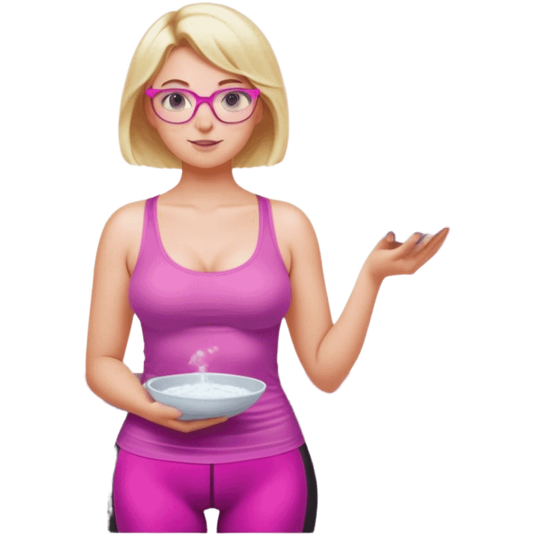 Curvy fair and freckled skinned woman, short blond hair, small light purple reading glasses, washing dishes, short flowing sheer hot pink tank top, without undergarments SFW, black yoga pants, thick booty emoji