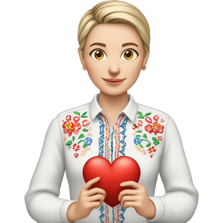 A Ukrainian teacher in an embroidered shirt holds a heart in her hands emoji