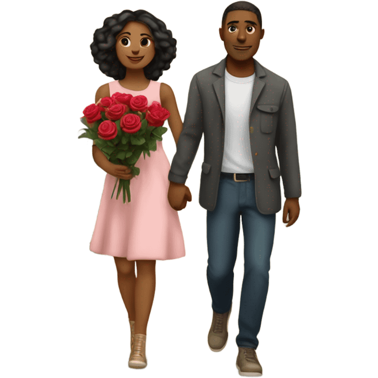 romantic walk in the park for beautiful couple holding roses emoji