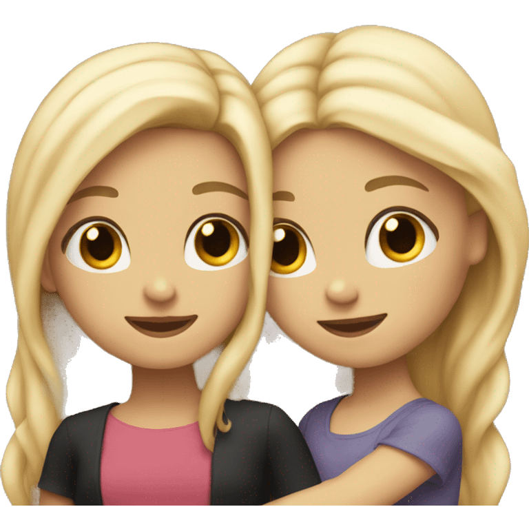 Two sisters hugging. One with long blonde hair and one with long black hair emoji