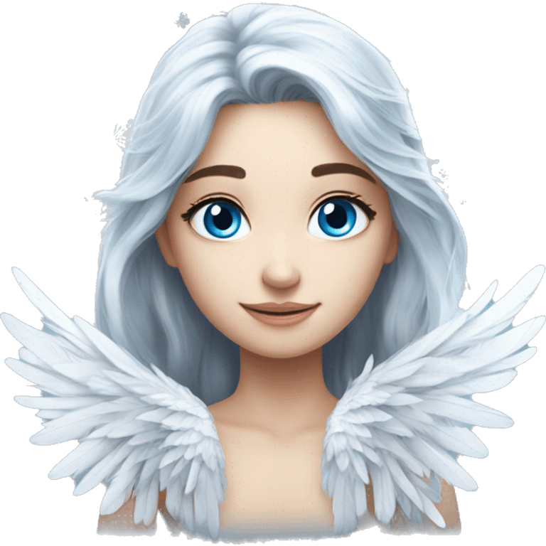 big wings, silver, feather, icy ,snowflake, Beautiful, fairy, long hair, blue eyes emoji