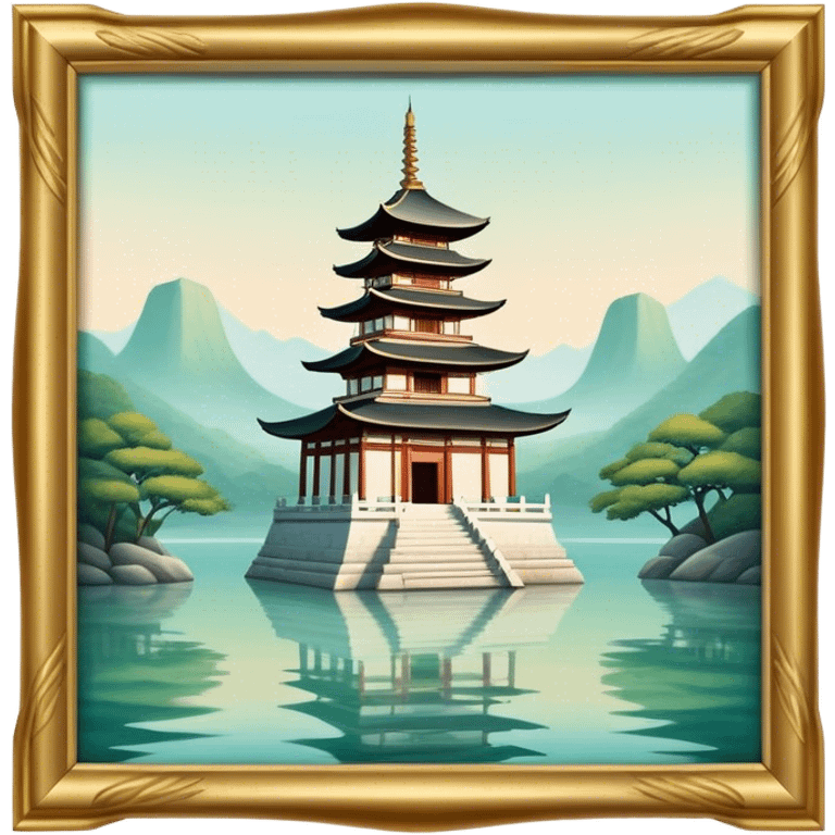 Cinematic Realistic Tran Quoc Pagoda Landmark Emoji, depicted with an ancient pagoda set on tranquil waters rendered with delicate textures and serene, reflective lighting. emoji