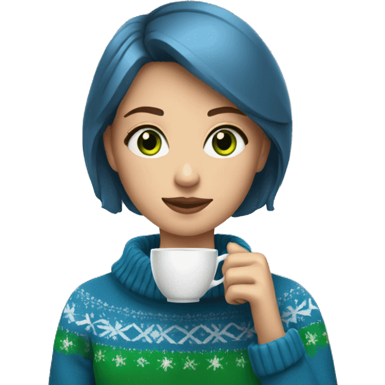 Light brown short haired girl with green eyes drinking coffee wearing blue Christmas sweater emoji