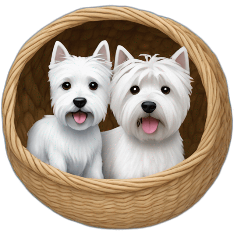 West Highland white terrier and cute blue dog in way too small dog basket emoji