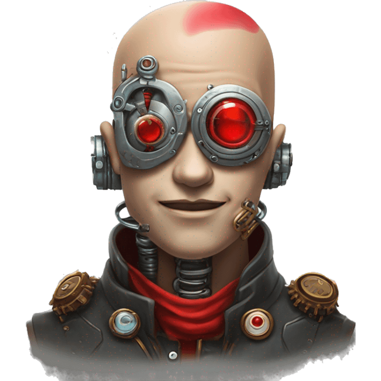 Bald cyborg head with red Mohawk, red beard. silver steampunk monocle goggles a smile and circuits emoji