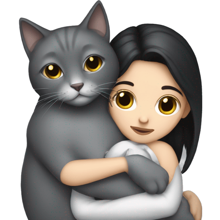 White Girl dark hair cuddling with grey cat emoji