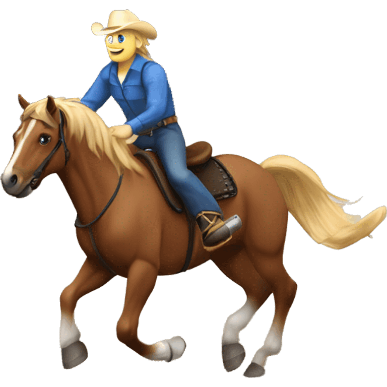 Sorrel horse with white blaze running around a barrel. Tack is all blue. Wearing a blue fringe breast collar. Rider is wearing a black top with blue jeans and boots. Rider has dirty blonde hair and blue eyes emoji