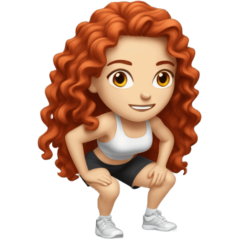 Sporty white Girl coach with long curly red hair doing squat with heavy weights emoji