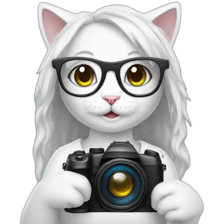 white cat girl with a camera in glasses emoji