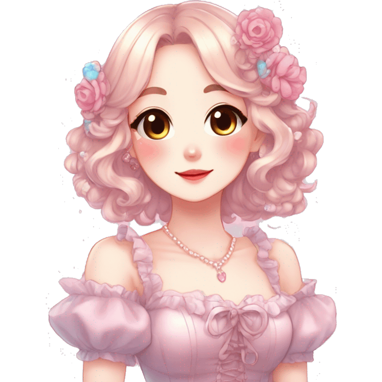 Gorgeous anime style lady with blushing face and accessories cottagecore fairycore Kawaii anime colorful pearly romantic aesthetic trending style emoji