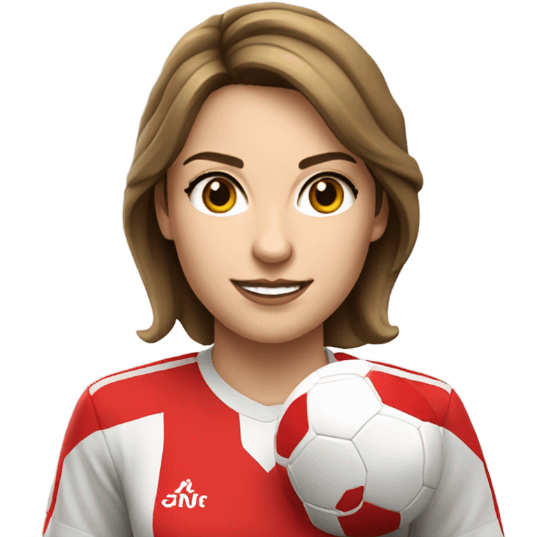 Pretty white woman wearing an Arsenal jersey with short brown hair kicking a soccer ball emoji