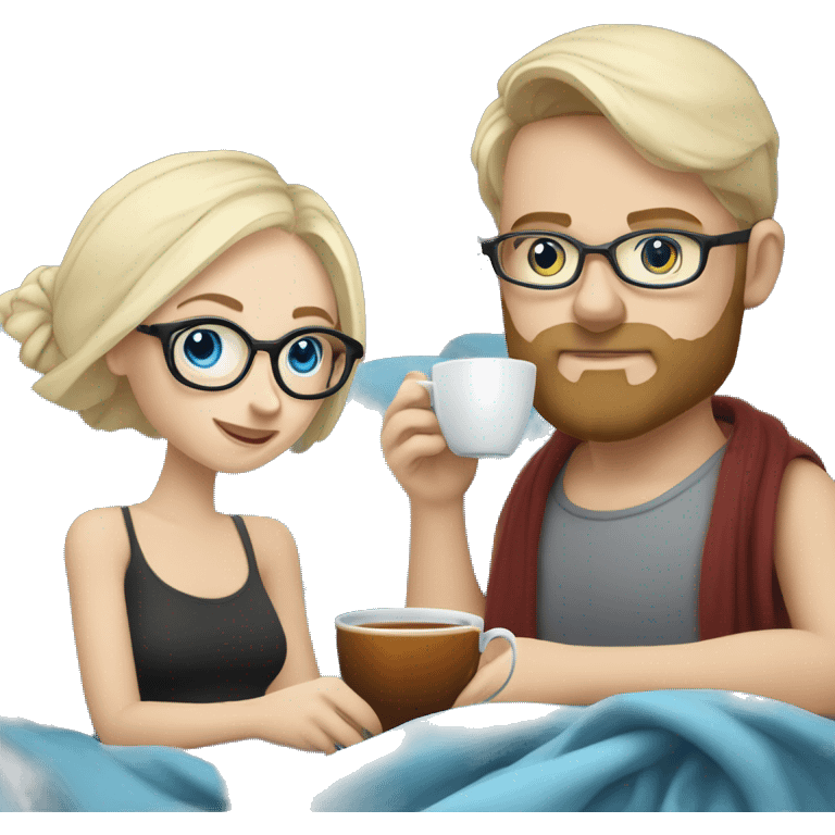 Pale blonde girl with blue eyes wearing glasses and pale man with short black hair and beard drinking tea under a blanket emoji