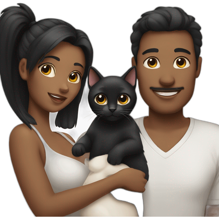 Black hair mum and dad, one baby girl, one black cat on white cat  emoji