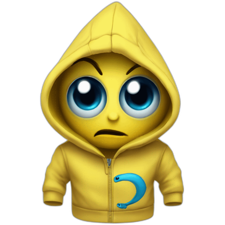 banana dominus hoodie, yellow with blue scary eyes emoji