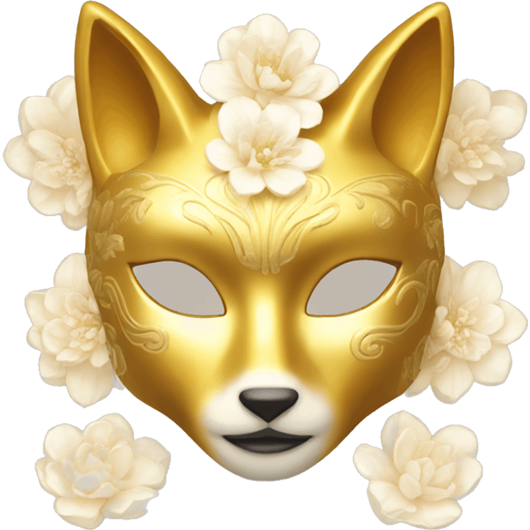 Golden feminine kitsune mask with floral pattern on it  emoji