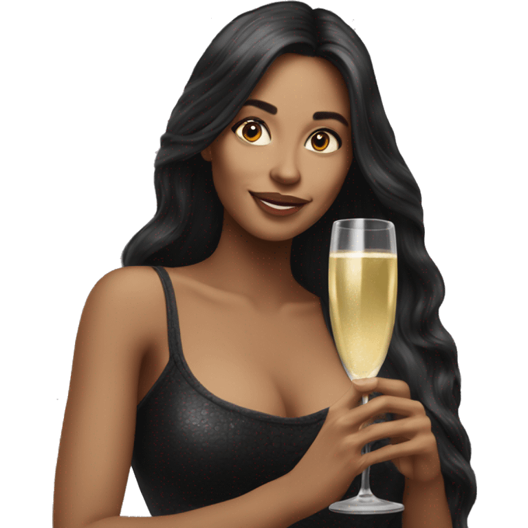 Hyperrealistic woman with black long hair drinks champagne emoji