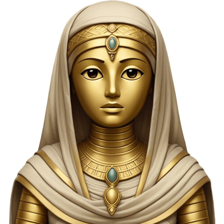 Cinematic Noble Mummy Portrait Emoji, Regal and timeless, with a meticulously wrapped, ancient form in muted earth tones accented by faded gold, exuding an air of forgotten majesty and solemn duty, simplified yet elegant with intricate bandage details, highly detailed and softly glowing, evoking the dignified mystery of an eternal sentinel guarding long-lost secrets! emoji