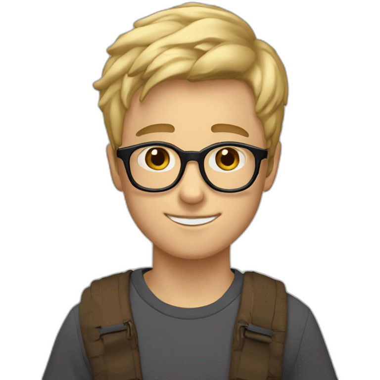 a 17 years old boy with short blonde hair and rectangle glasses and he have a kinder country  emoji