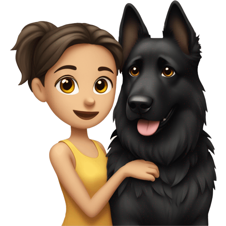 Brunette girl with long hair kissing black German shepherd dog  emoji