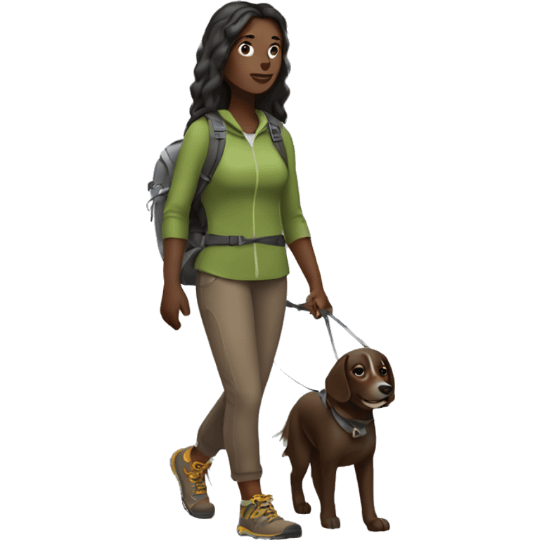 Dark skin woman long hair hiking with dog facing frontward full body emoji