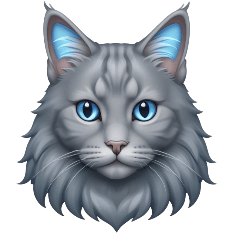 Cinematic Solid Grey Maine Coon Cat Portrait Emoji, Elegant and alert, sleek grey and silver tones with soft undercurrents of blue, Simplified yet sharp features, highly detailed, glowing with a calm, wise glow, high shine, intelligent and poised with a long, wise face that speaks of experience, stylized with an air of grace, focused and attentive, soft glowing outline, capturing the essence of strength and wisdom, so lifelike it feels as though it could spring into motion at any moment, exuding a sense of majestic age and quiet dignity. emoji