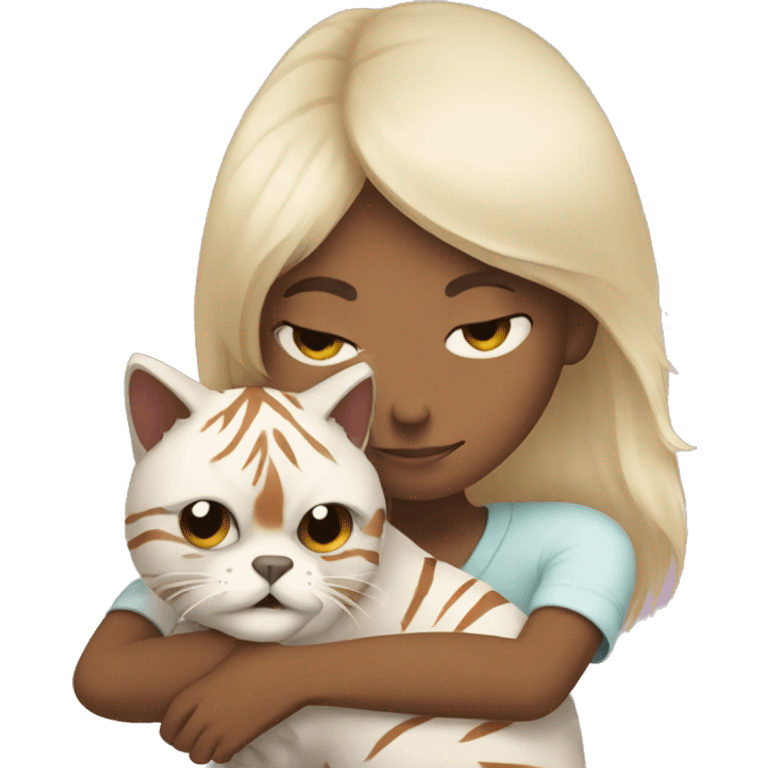 White woman hugging a Himalayan cat tiger emoji