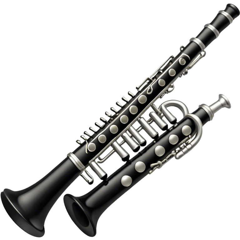 Create an elegant and detailed emoji representing a clarinet. The design should feature the sleek, black wood finish of the clarinet with its shiny metal keys clearly visible. Highlight the intricate details, such as the bell at the end and the carefully crafted mouthpiece with the reed. Use black wood tones for the body of the instrument and silver or brass accents for the keys. Add subtle musical notes or soundwaves floating around the instrument to evoke the smooth, melodic sound of the clarinet. The background should be transparent. emoji