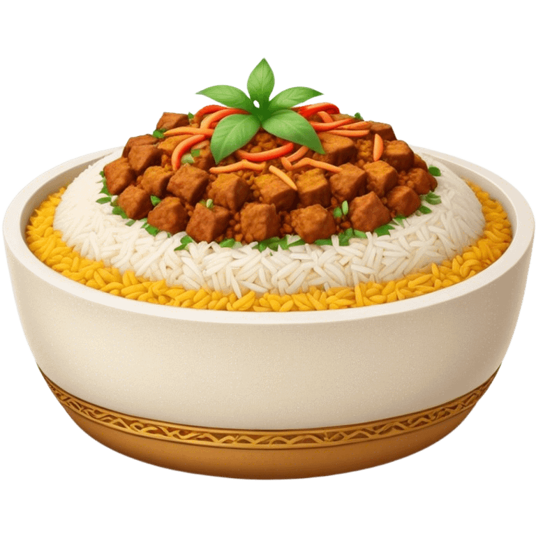 Cinematic Realistic Biryani Dish Emoji, depicted as aromatic basmati rice layered with spiced meat and herbs rendered with vibrant textures and warm, inviting lighting. emoji