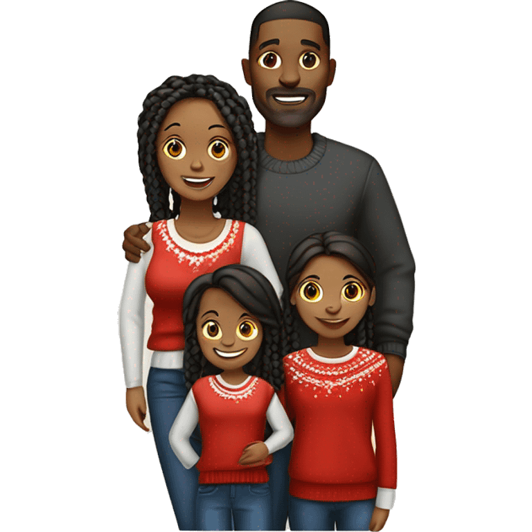 Black family of four members with Dad, Mom, Son, and Daughter. The Son and Daughter are teenagers. The Mom has braids. The Dad is light skinned.All family members are wearing Christmas sweaters and Santa hats.  emoji