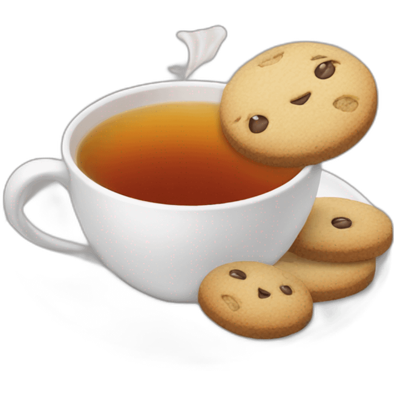 white cup of tea with a tea bag and cookies emoji