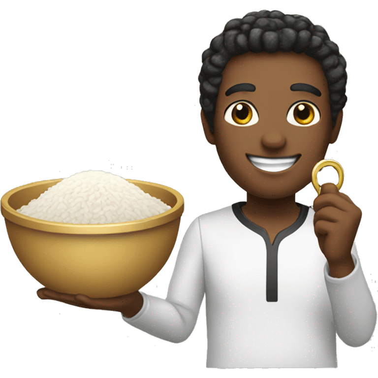 Happy face holding a key and plate of rice emoji