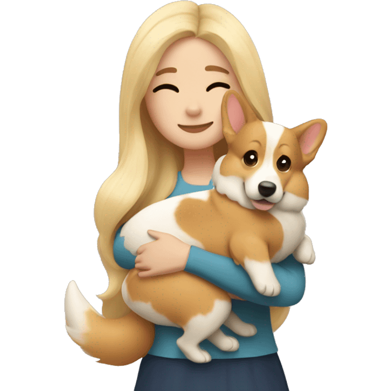 Blonde girl with long hair hugs two corgis emoji