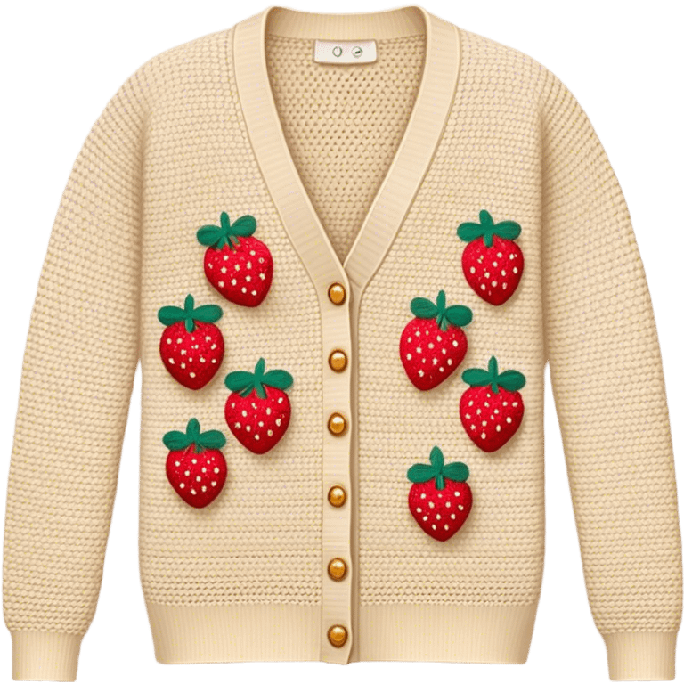 beige crocheted cardigan embroidered with small strawberries emoji