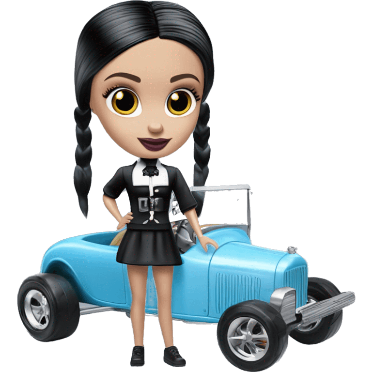 Side view Baby blue Wednesday Addams Barbie Hot wheels Bone Shaker street rod emoji