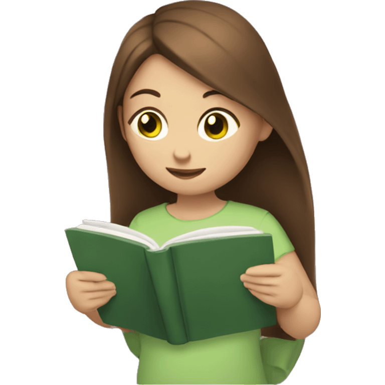 A girl with brown hair and green eyes is reading a book. emoji