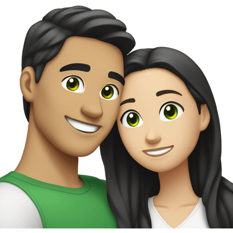 Light skin Asian male with straight black undercut hair and a white brunette female with green eyes and long wavy hair tightly hugging each other  emoji