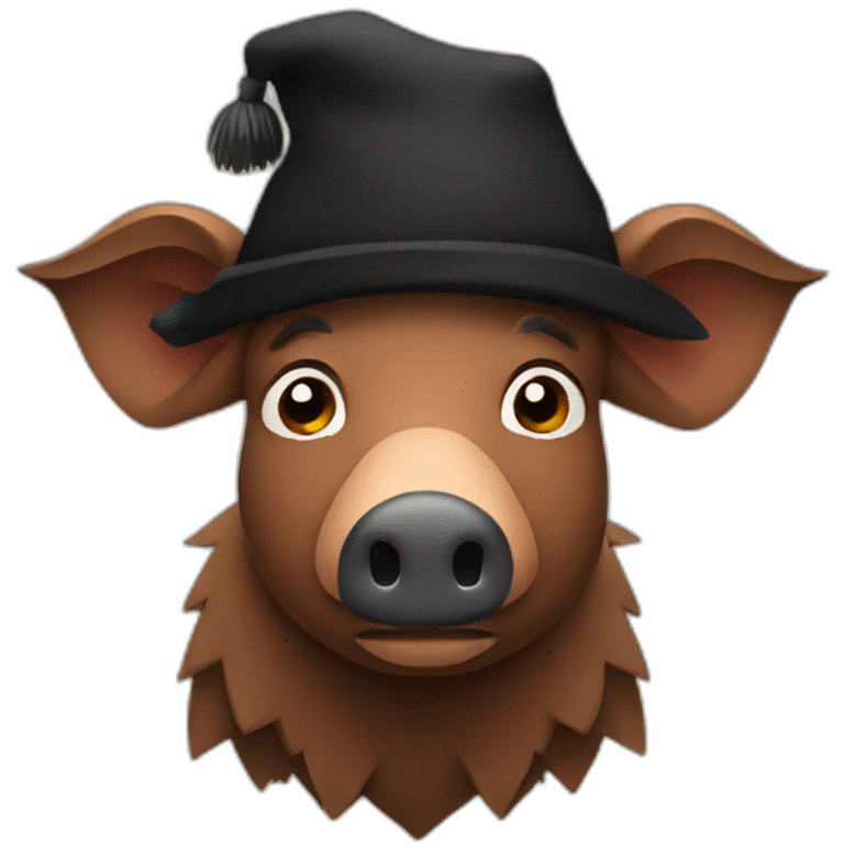 Sad brown boar with black winter hat emoji