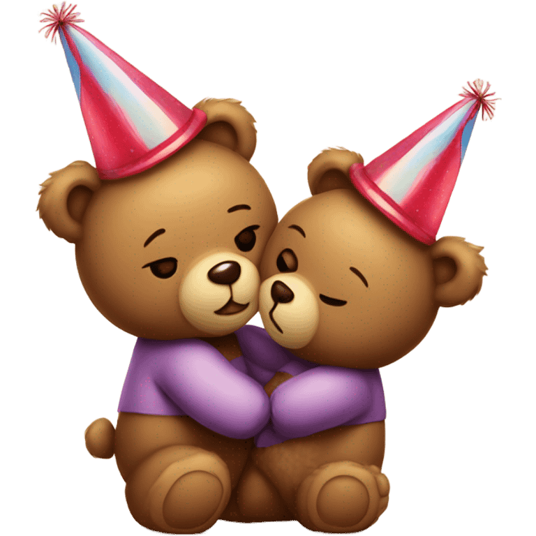 teddy bear kissing another teddy bear wearing party hats emoji