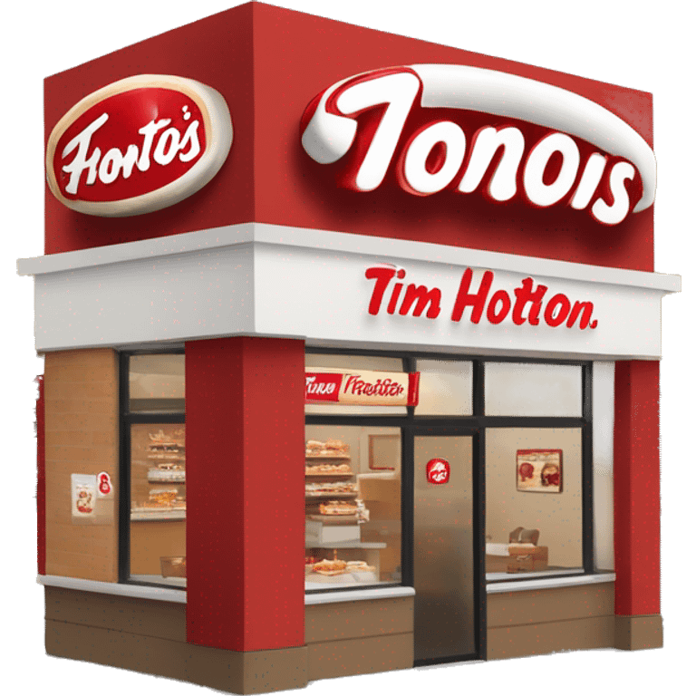 “Tim Hortons store with a red and white color scheme, featuring the classic Tim Hortons logo, a warm and welcoming design that represents a popular coffee and donut shop.” emoji