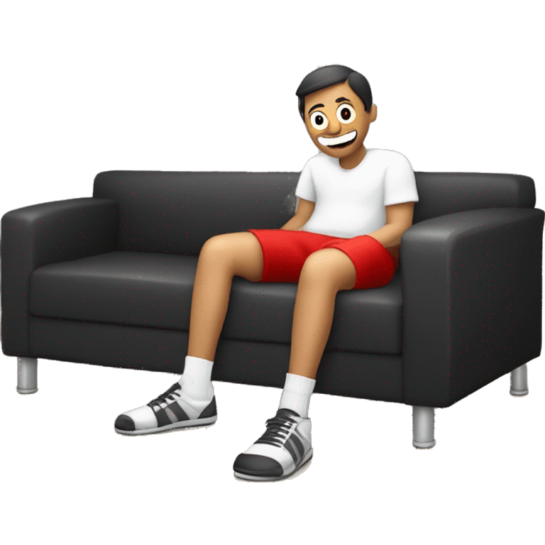 The image show a person sitting on couch. They are wearing a dirty socks and red shorts. Their legs are extended, with one foot closer to the camera. The person is wearing white socks with black text near the top, one of which is on the floor. emoji