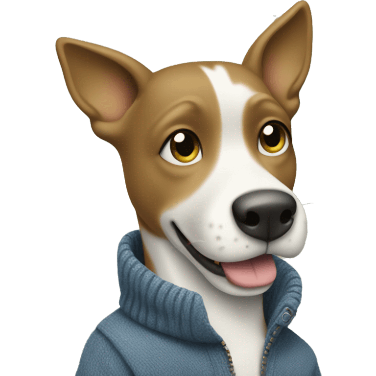 A confident cartoon dog in a gray sweater, blue jeans, and white sneakers on a muted green background. emoji