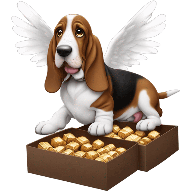 Basset hound with angel wings eating a box of chocolates transforming into a puppy basset hound emoji