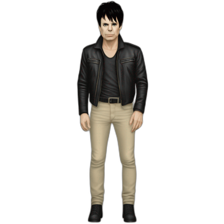 photo realistic, full body, Gary Numan in 1980, playing, Mini Moog, standing up, front view emoji